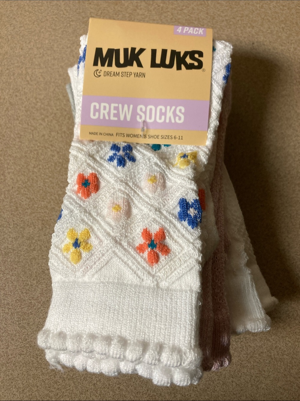 Muk Luks White Crew Socks with Multicolor Floral Embroidery - 4 Pack